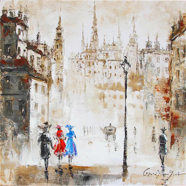 HA087 Wall décor art oil on canvas street scene brown tones